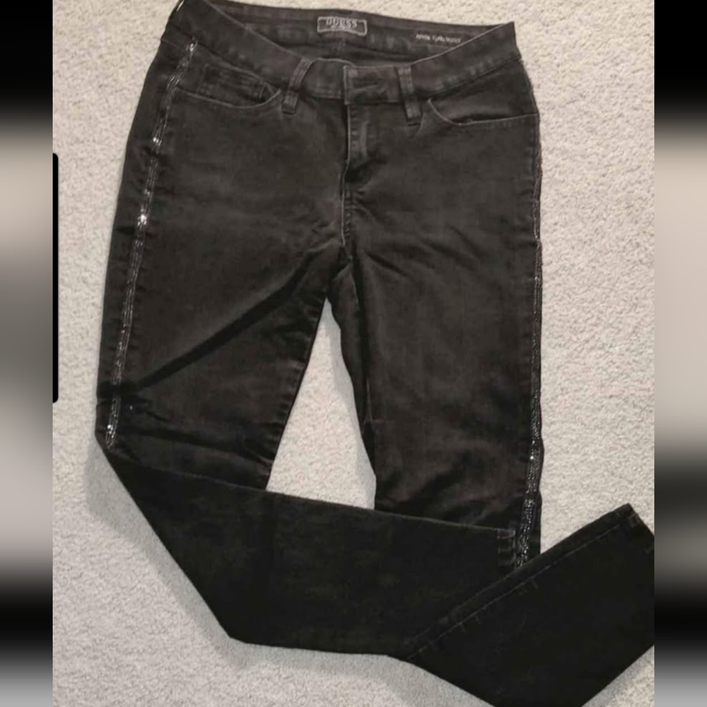 Guess Black Denim Jeans With Sequin Beaded Detail Down Sides